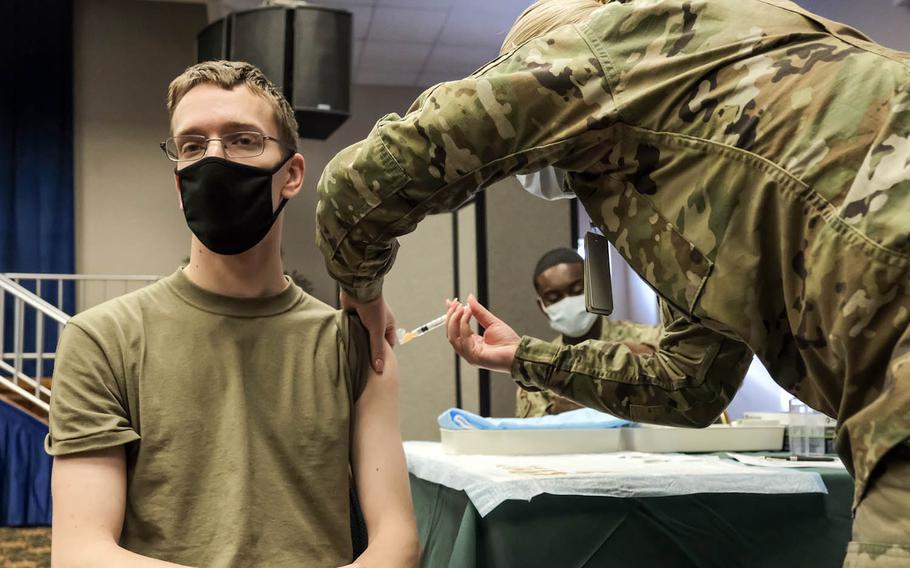 An airman assigned to the 51st Fighter Wing receives the one-shot Jannsen COVID-19 vaccine at Osan Air Base, South Korea, March 11, 2021.
