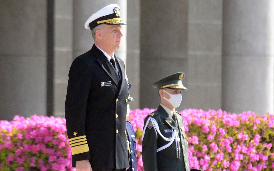 Adm. Philip Davidson, outgoing leader of U.S. Indo-Pacific Command, shown here in Tokyo on Monday, April 12, 2021, was honored during ceremonies this week in Japan and South Korea.