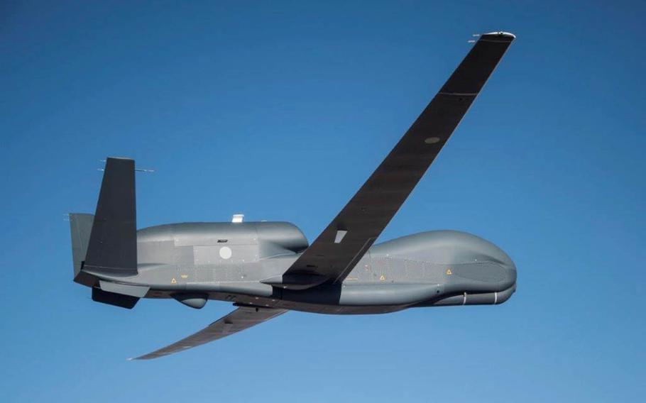 An RQ-4B Global Hawk aircraft that lifted off for the first time Thursday, April 15, 2021, from Palmdale, Calif., is the first of three that will be operated by the Japan Air Self-Defense Force.