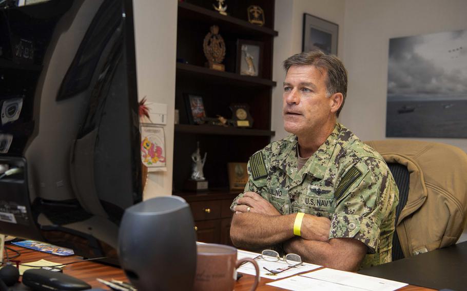 Adm. John Aquilino, U.S. Pacific Fleet commander, speaks with 13 other leaders of navies or their representatives from allied and partner nations throughout the Indo-Pacific region on Sept. 24, 2020, at Joint Base Pearl Harbor-Hickam, Hawaii during a virtual key leader engagement to discuss outlooks and perspectives during the coronavirus pandemic.