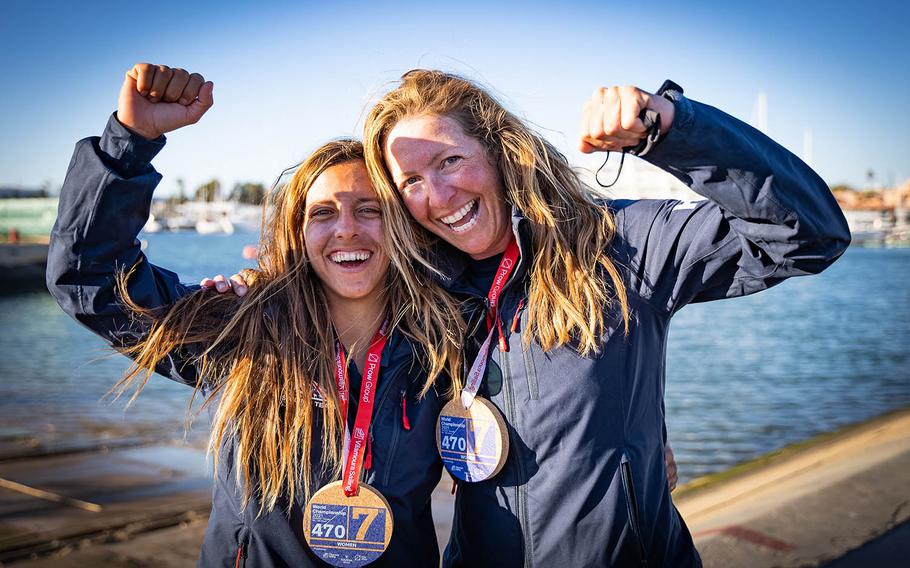 Coast Guard Lt. j.g. Nikki Barnes, left, and Lara Dallman-Weiss have qualified to represent the United States in sailing at the Tokyo Olympics.