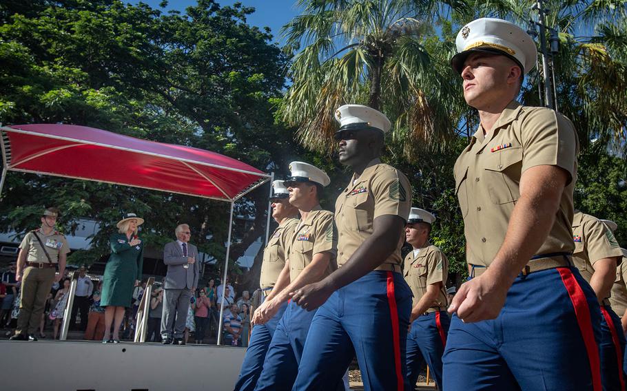 Members of Marine Rotational Force — Darwin participate in an Anzac Day dawn ceremony in Darwin, Australia, Sunday, April 25, 2021. 