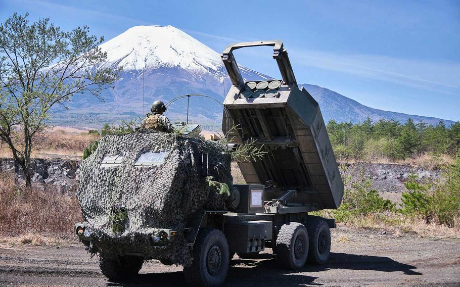Members of 3rd Battalion, 12th Marine Regiment, 3rd Marine Division brought along an M142 High Mobility Artillery Rocket System, or HIMARS, during artillery relocation training at Camp Fuji, Japan, April 23, 2021.  