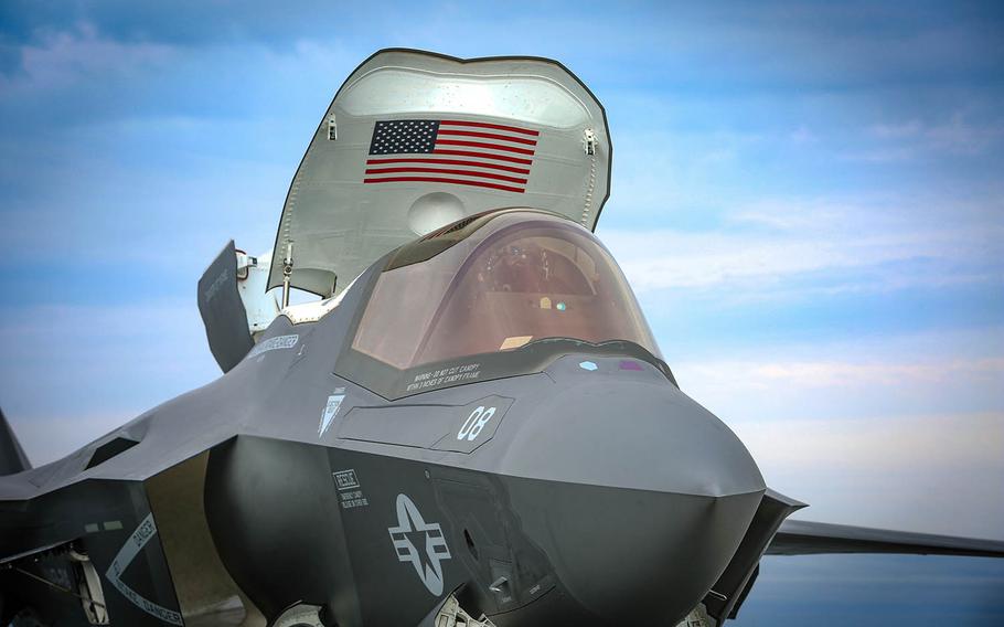 An F-35B Lightning II stealth fighter from Arizona-based Marine Fighter Attack Squadron 211 parks on the flight deck of the HMS Queen Elizabeth, Sept. 28, 2020. 