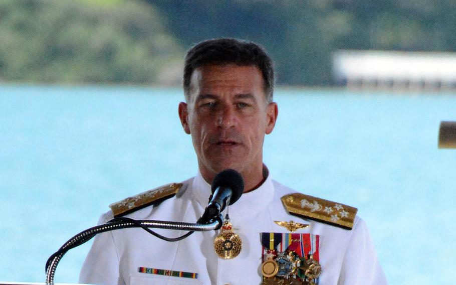 Adm. John Aquilino speaks after taking the reins of U.S. Indo-Pacific Command at Joint Base Pearl Harbor-Hickam, Hawaii, Friday, April 30, 2021. 