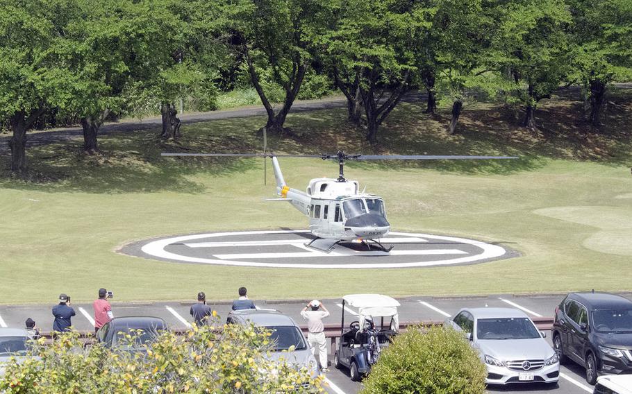 A UH-1N Iroquois helicopter from Yokota Air Base, Japan, tests an emergency landing zone at nearby Tama Hills Recreation Area, Saturday, May 1, 2021.