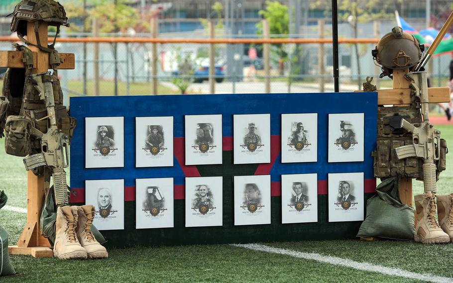 A memorial honors 12 fallen members of the Air Force's Tactical Air Control Party during the 10th annual 24-hour Challenge Run at Camp Humphreys, South Korea, April 29, 2021.