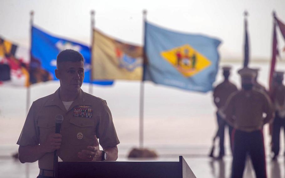 Col. Christopher Bopp gives his first speech as commander of Marine Corps Base Camp Blaz, Guam, Friday, May 7, 2021.