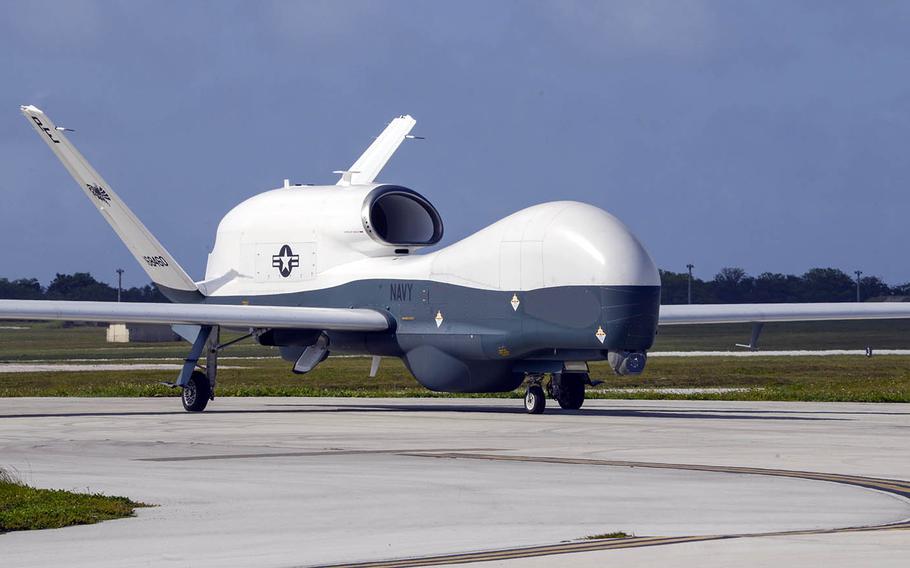 An MQ-4C Triton surveillance drone taxis at Andersen Air Force Base, Guam, April 28, 2020. 