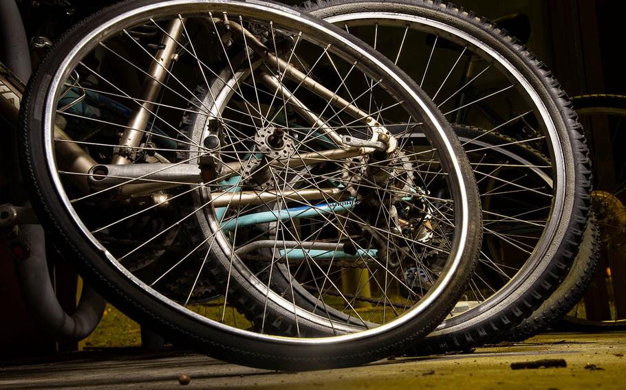 A closeup of bicycle wheels.