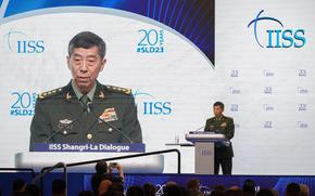 Chinese Defense Minister Gen. Li Shangfu delivers his speech on the last day of the 20th International Institute for Strategic Studies (IISS) Shangri-La Dialogue, Asia's annual defense and security forum, in Singapore, Sunday, June 4, 2023. 