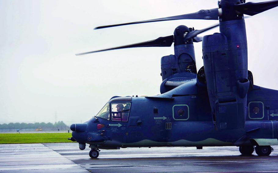 A CV-22 Osprey takes part in an elephant walk at Yokota Air Base, Japan, May 21, 2020. 