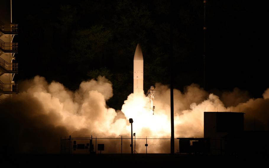 A hypersonic glide body launches from Pacific Missile Range Facility, Hawaii, during an experimental flight March 19, 2020.