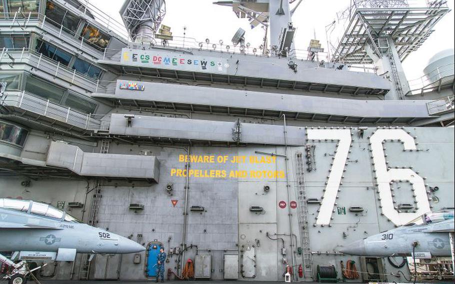 The aircraft carrier USS Ronald Reagan is pictured during a port visit at Busan, South Korea, Saturday, Oct. 21, 2017.