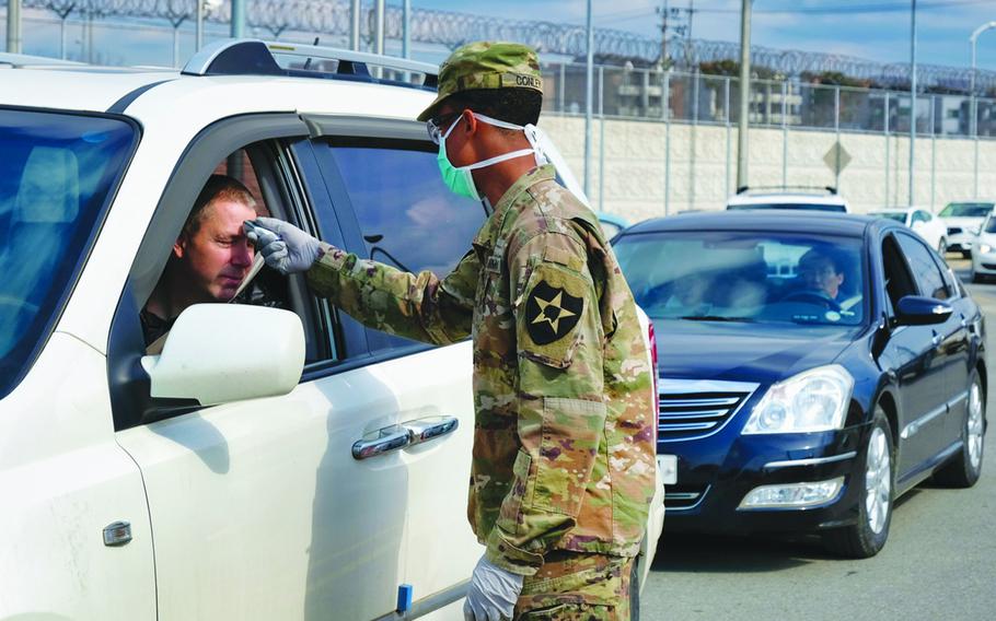 A 2nd Infantry Division soldier checks for a temperature at Camp Humphreys, South Korea, Feb. 26, 2020.