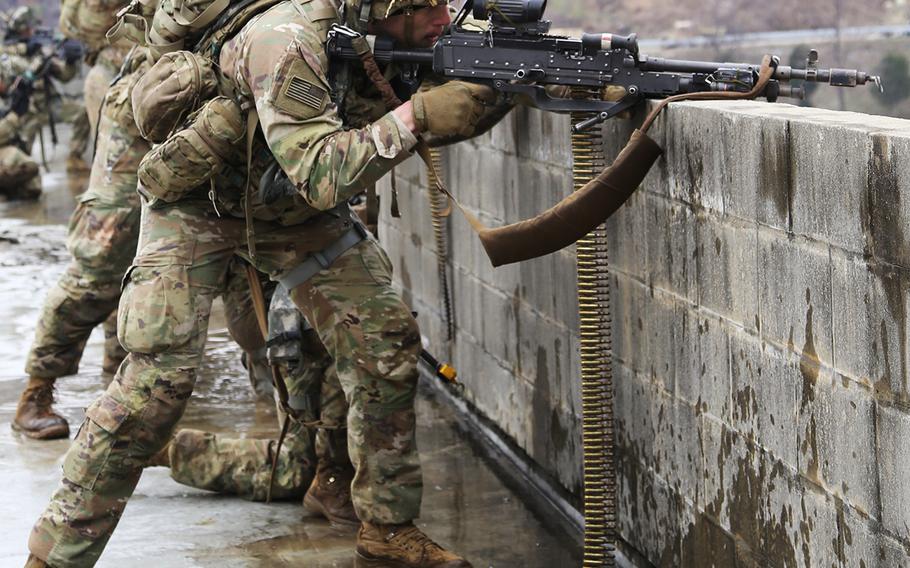 Soldiers use suppressive fire during an exercise at Rodriguez Live Fire Complex, South Korea, April 6, 2018.  