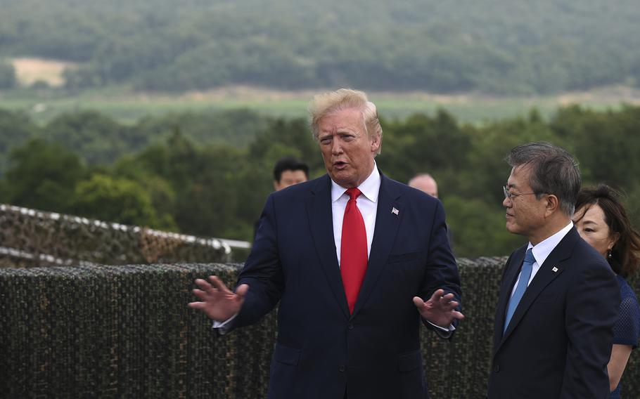 President Donald Trump speaks to reporters alongside South Korean leader Moon Jae-in at the Joint Security Area, Panmunjon, South Korea, June 30, 2019.