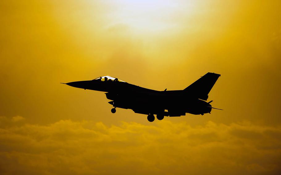 An 80th Fighter Squadron F-16 comes in for landing at Kunsan Air Base, South Korea, on May 7, 2014.