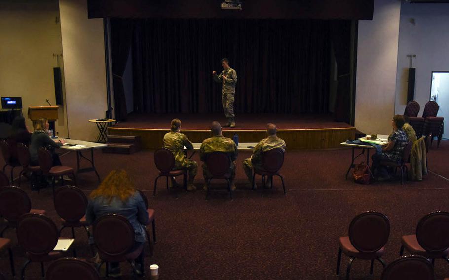 1st Lt. Tim Barbera, of Dayton, Ohio, practices his speech for an upcoming Ted Talk-style conference called Yokota Hanashiba slated for late March at Yokota Air Base, Japan. 