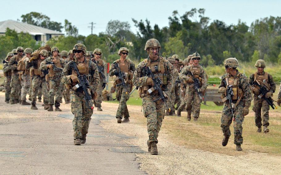 Marines participating in the rotational force to Darwin take part in a Talisman Sabre drill in Bowen, Australia, in July 2019. 

