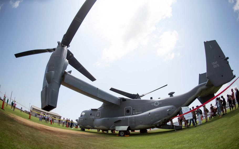 A CV-22 Osprey from 21st Special Operations Squadron at Yokota Air Base was on display during the 43rd annual Friendship Day at Yokosuka Naval Base, Japan, on Saturday, Aug. 3, 2019.