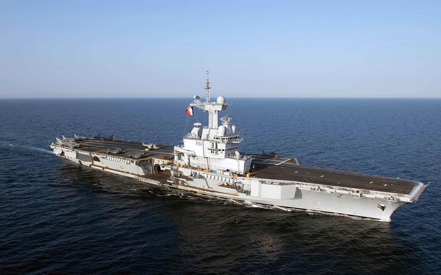 The French aircraft carrier FS Charles de Gaulle, shown here April 15, 2019, joined naval vessels from the U.S., Japan and Australia for maneuvers in the Bay of Bengal on Thursday, May 16, 2019. 