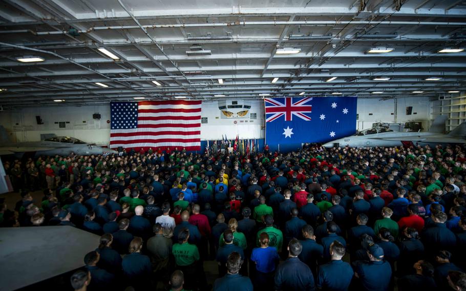 Prime Minister Scott Morrison speaks to sailors aboard the USS Ronald Reagan on Friday, July 12, 2019, during Talisman Sabre.