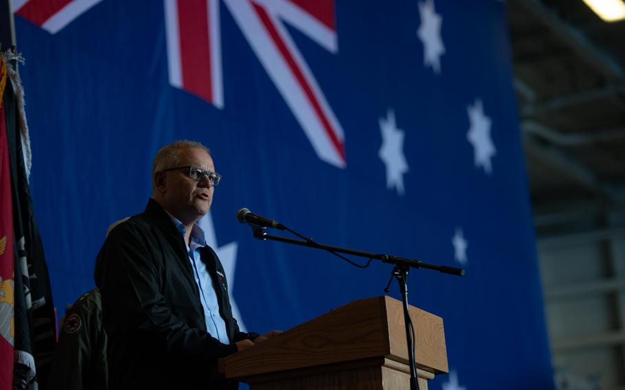 Australian Prime Minister Scott Morrison speaks to sailors aboard the Navy's forward-deployed aircraft carrier USS Ronald Reagan on Friday, July 12, 2019.