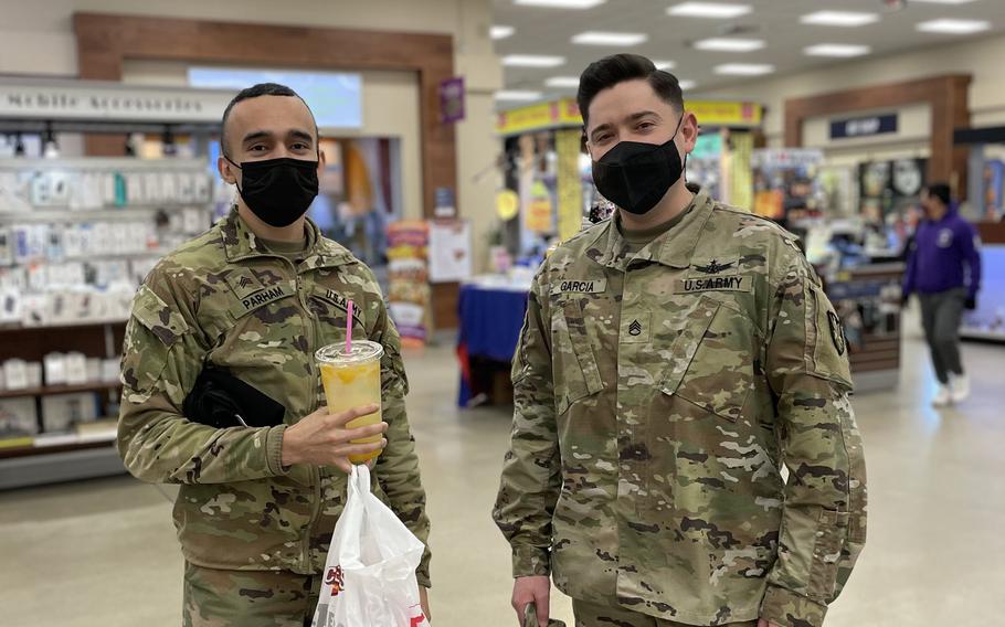Soldiers pose in masks at Osan Air Base, South Korea, Jan. 6, 2022. 