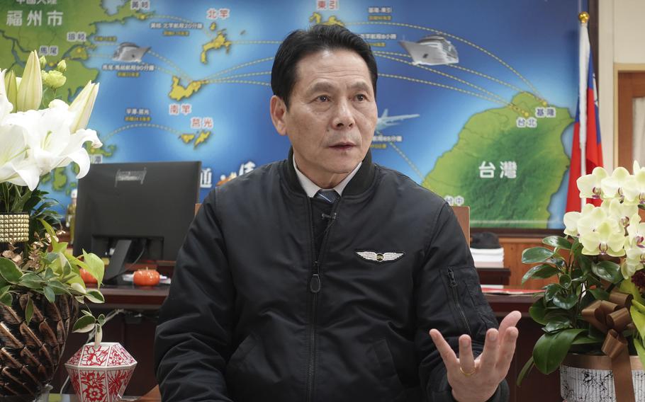 Wang Chung Ming, the head of Lienchiang County speaks during an interview on Nangan, part of Matsu Islands, Taiwan on Monday, March 6, 2023. Lienchiang County is the official name of Matsu Islands. Wang said he and the legislator from Matsu went to Taipei shortly after the internet broke down to ask for help, and was told they would get priority in any future internet backup plans. 
