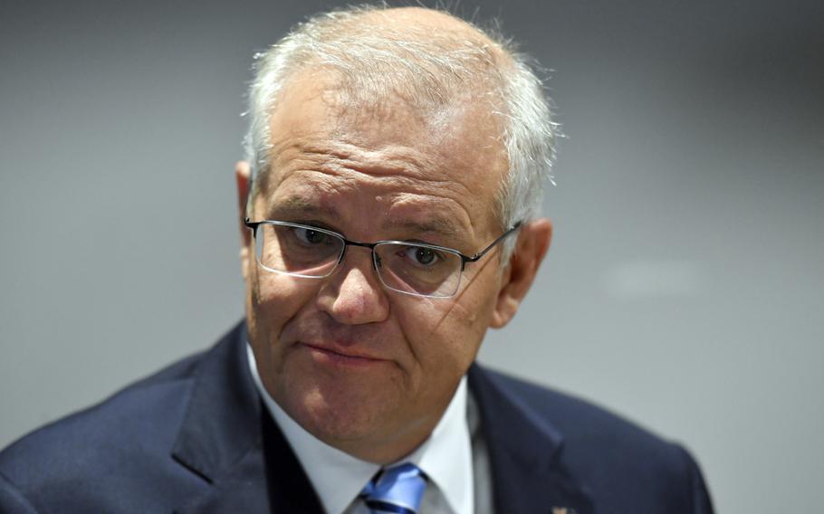 Australian Prime Minister Scott Morrison campaigns in Sydney, Thursday, May 5, 2022. Morrison, says he is following security officials' advice in managing bilateral relations with the Solomon Islands after the South Pacific neighbor's leader alleged he'd been threatened with invasion. 