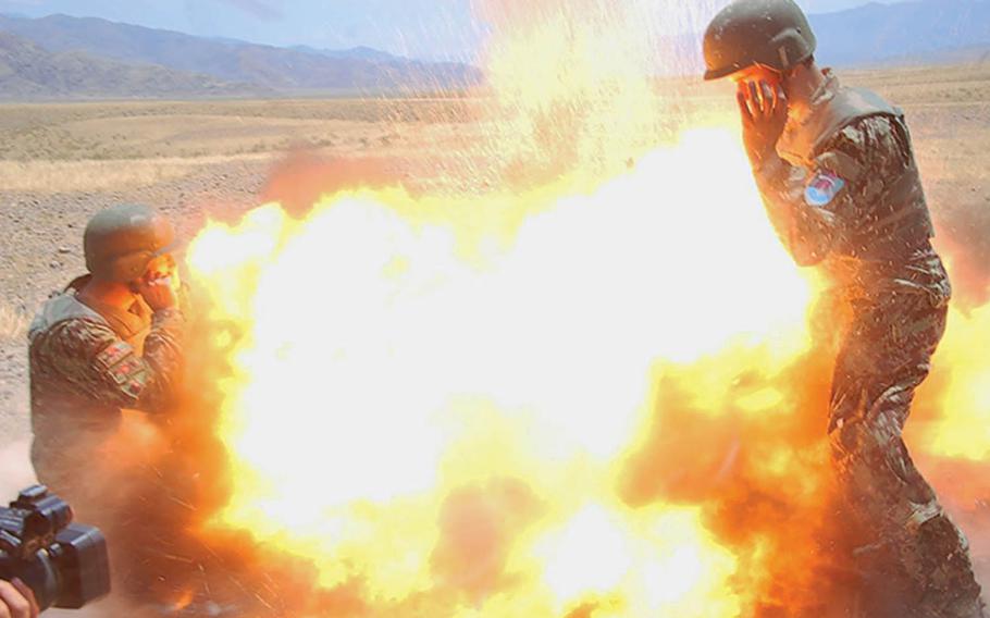 A mortar tube accidentally explodes during an Afghan National Army live-fire training exercise in Laghman province, Afghanistan, July 2, 2013. The blast killed Army Spc. Hilda Clayton and four Afghan soldiers.