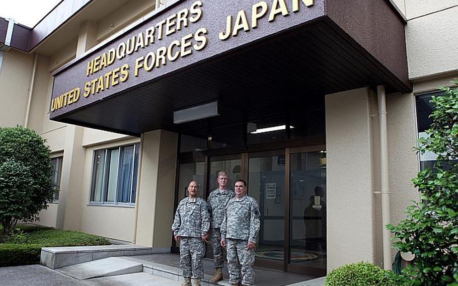 Maj. Jim Hewitt, left, Lt. Col. Lou Nelson, center, and Maj. Mike McGurl are all retirees who have recently returned to active duty with the U.S. Army and are now assigned to U.S. Forces Japan at Yokota.