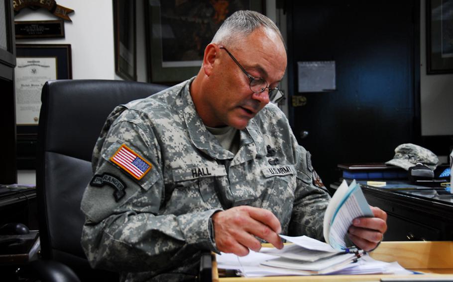 Col. David Hall, outgoing commander of U.S. Army Garrison-Yongsan, in his office the week before he steps down from command on July 8.