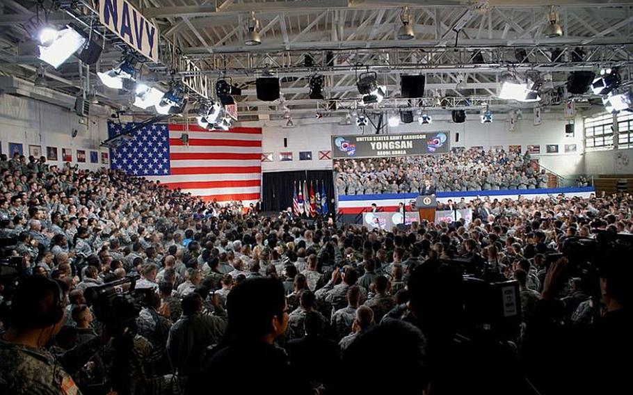 Soldiers, family members and Korean War veterans packed Collier Field House, at U.S. Army Garrison Yongsan in Seoul, on Thursday to hear President Barack Obama speak.