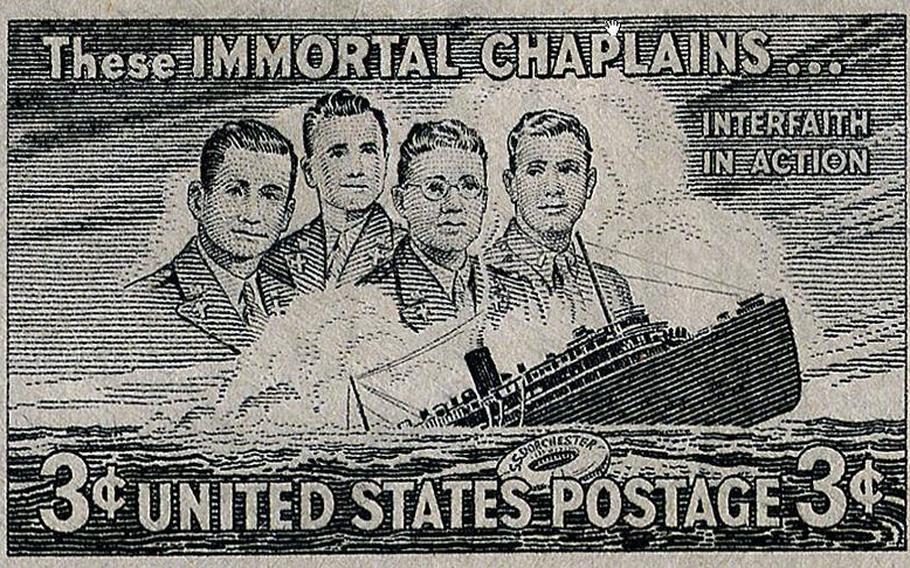 A commemorative stamp issued in 1948 to honor four chaplains who died after the USAT Dorchester sank during World War II. The chaplains helped troops evacuate the ship and gave their life jackets to other servicemembers after the ship's supply ran out.