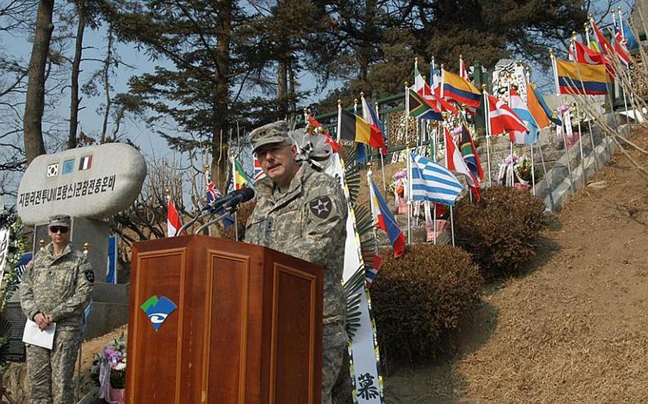 Maj. Gen. Michael Tucker, U.S. Army 2nd Infantry Division commander, speaks Tuesday at ceremonies marking the 60th anniversary of the Battle of Chipyong-ni. The battle, Tucker said, "helped shift the tide" of the Korean War.