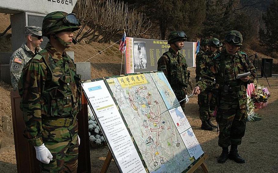 About 200 spectators get a briefing on the Battle of Chipyong-ni at ceremonies marking the 60th anniversary of the Korean War battle in South Korea.