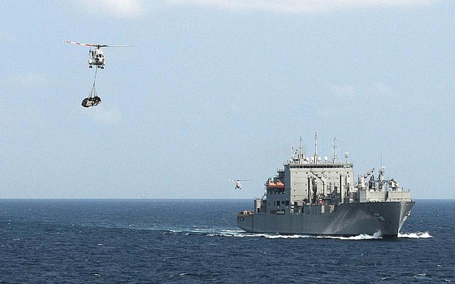 SA-330J Puma helicopters move cargo from the USNS Richard E. Byrd to the amphibious assault ship USS Essex during a vertical replenishment at sea Tuesday.