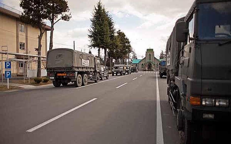 The streets of Camp Sendai are full of Japan Self-Defense Force vehicles.