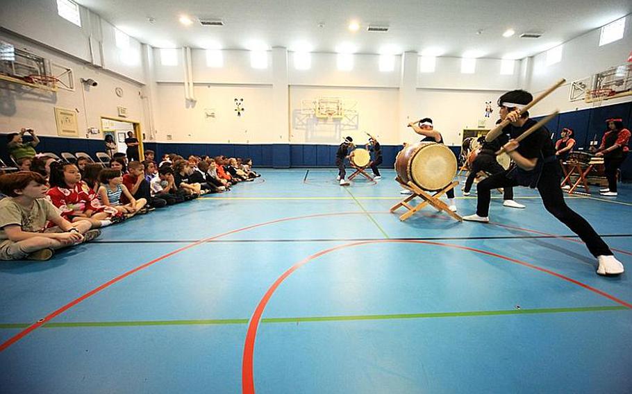 Students from Joan K. Mendel enjoyed the drummings of Ome Daiko, a Japanese Taiko group that performed for the schools annual Japan-Asia Day on Tuesday.