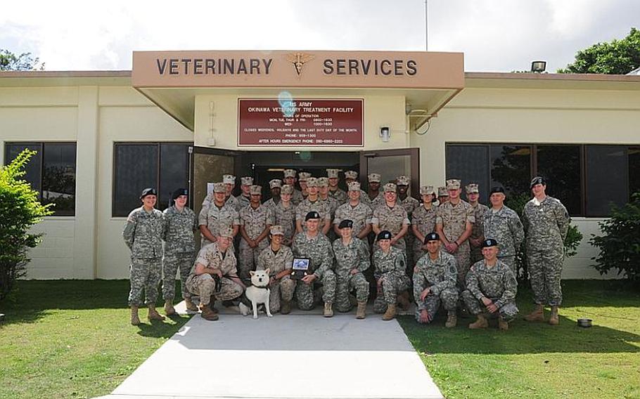 The 3rd Marine Expeditionary Band was on hand at the official opening of the new Okinawa Veterinary Treatment Facility Wednesday. They presented Maj. Kent Vince, Chief, Okinawa Branch, Japan District Veterinary Command with a plaque thanking the staff for taking care of the bands mascot, SSgt. Chopper IV.