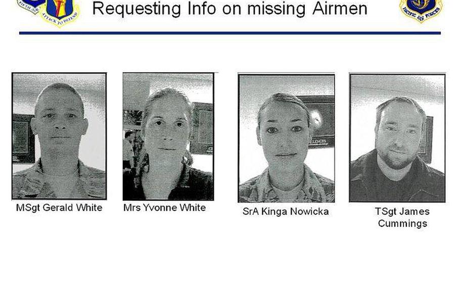 The Japanese coast guard said it rescued four Americans on Monday who were apparently swept out into the Pacific Ocean during a kayaking trip Sunday afternoon. Misawa Air Base officials searched for the four base residents, picture from left to right, are: Master Sgt. Gerald White, his wife, Yvonne White, Senior Airman Kinga Nowicka and Tech. Sgt. James Cummings.