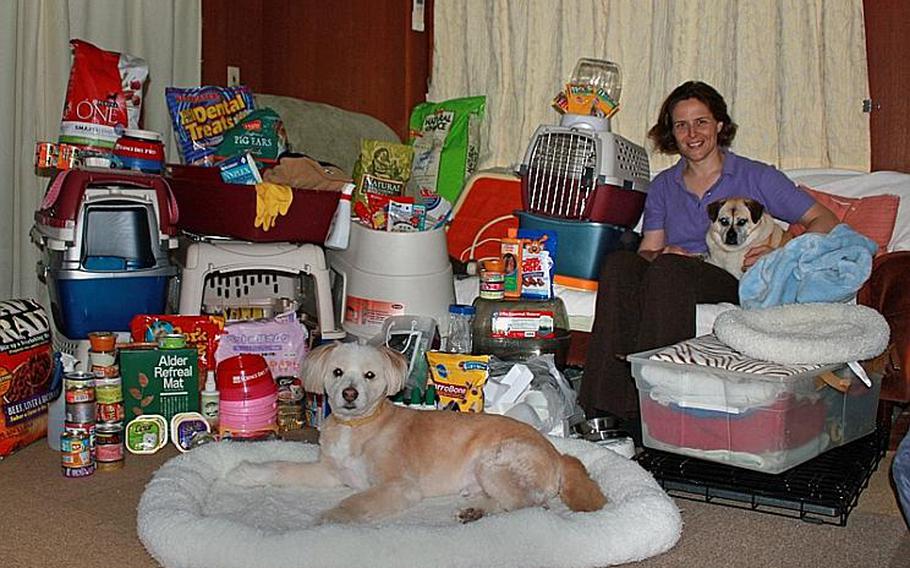 Kate O'Callaghan, an Irish English teacher at the University of the Ryukyus, plans her third trip next month to Fukushima to join in animal rescue volunteer activities. The majority of the supplies that occupy a large space in her apartment were donated by Americans on the island. 
