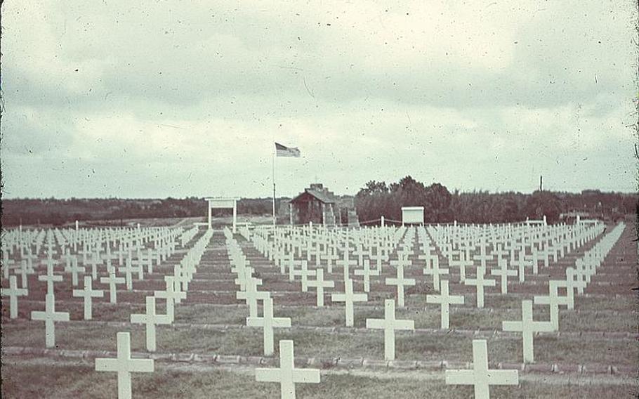 The Sixth Marine Division Cemetery located on Camp Hansen. This photo was taken by Jerry Scholand, a Navy reserve officer and commander of a refugee camp in Nago shortly after the end of the Battle of Okinawa in 1945.