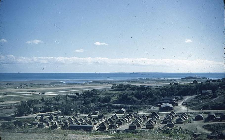 A refugee camp set up in the Taira community in Nago. Many such camps were built in northern and central parts of the island shortly after the end of the Battle of Okinawa. This photo was taken by Jerry Scholand, a Navy reserve officer and commander of a refugee camp in Nago shortly after the end of the Battle of Okinawa in 1945.