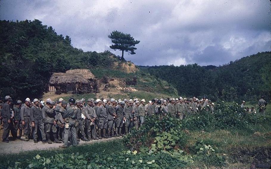 Japanese Imperial Army soldiers hiding in northern mountains surrendered after an battle on the island ended in June 23, 1945. This photo was taken by Jerry Scholand, a Navy reserve officer and commander of a refugee camp in Nago shortly after the end of the Battle of Okinawa in 1945.