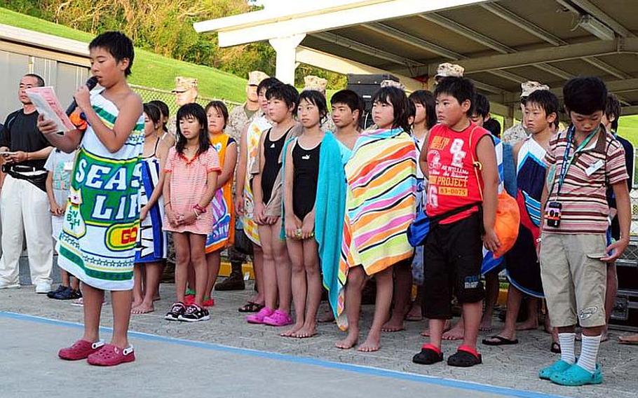 Koki Onodera, 12, of Oshima Elementary School, thanks everyone for making the trip to Okinawa possible as well as the warm hospitality they all received during the four-day cultural exchange/homestay program sponsored by Marine Corps Base Japan.