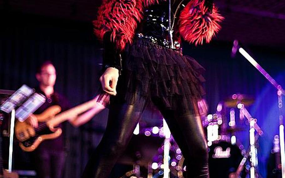 American Idol contestant Rachel Zevita covers a hit song from Lady Gaga during a free concert Wednesday night at Yokota Air Base. Zevita and a handful of other Idol contestants are visiting Pacific bases over the next few days.