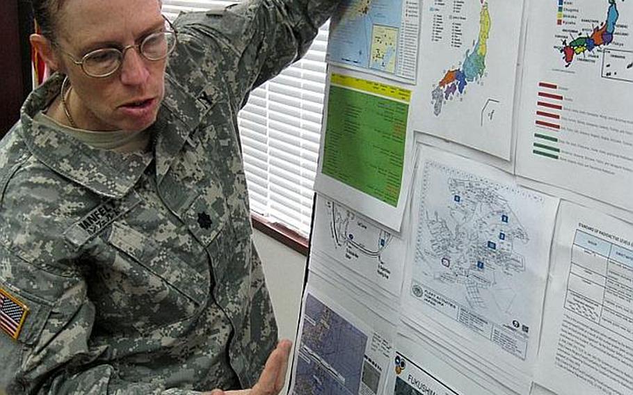 Lt. Col. Margery Hanfelt, commander of the Army's veterinary command in Japan, explains how radiation levels have been monitored in Japan since the nuclear crises began shortly after the massive March 11 earthquake and tsunami. The  command is tasked with the food safety testing mission for all the services.